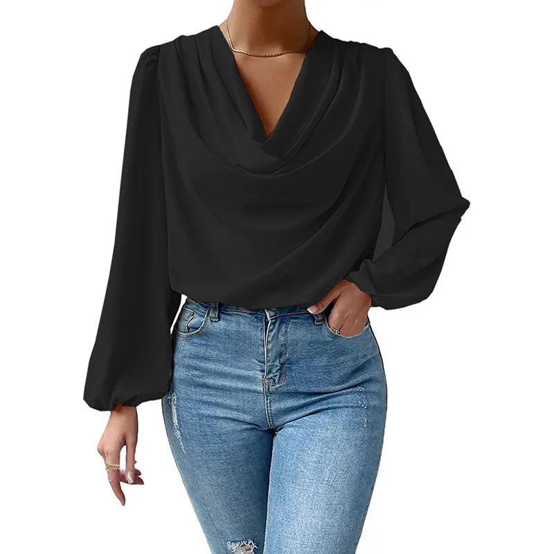 Black Comfortable Top Custom Chiffon Long Sleeve Shirt Women's Tops ...