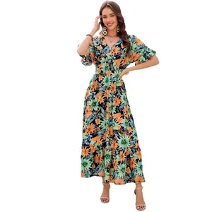 2026 Summer Dress New Rayon Printed Ruffled Bat Sleeve V-Neck Waist Swing Loose Casual Long Dresses