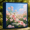 Ciel bleu, nuages blancs, rose.