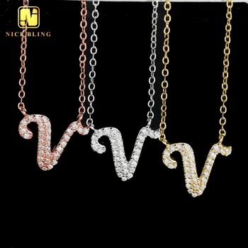 Elegant 925 Sterling silver Initial Name Necklace Pendant Charm Gold Plated Chain Moissanite Letter V Necklace Jewelry For Women