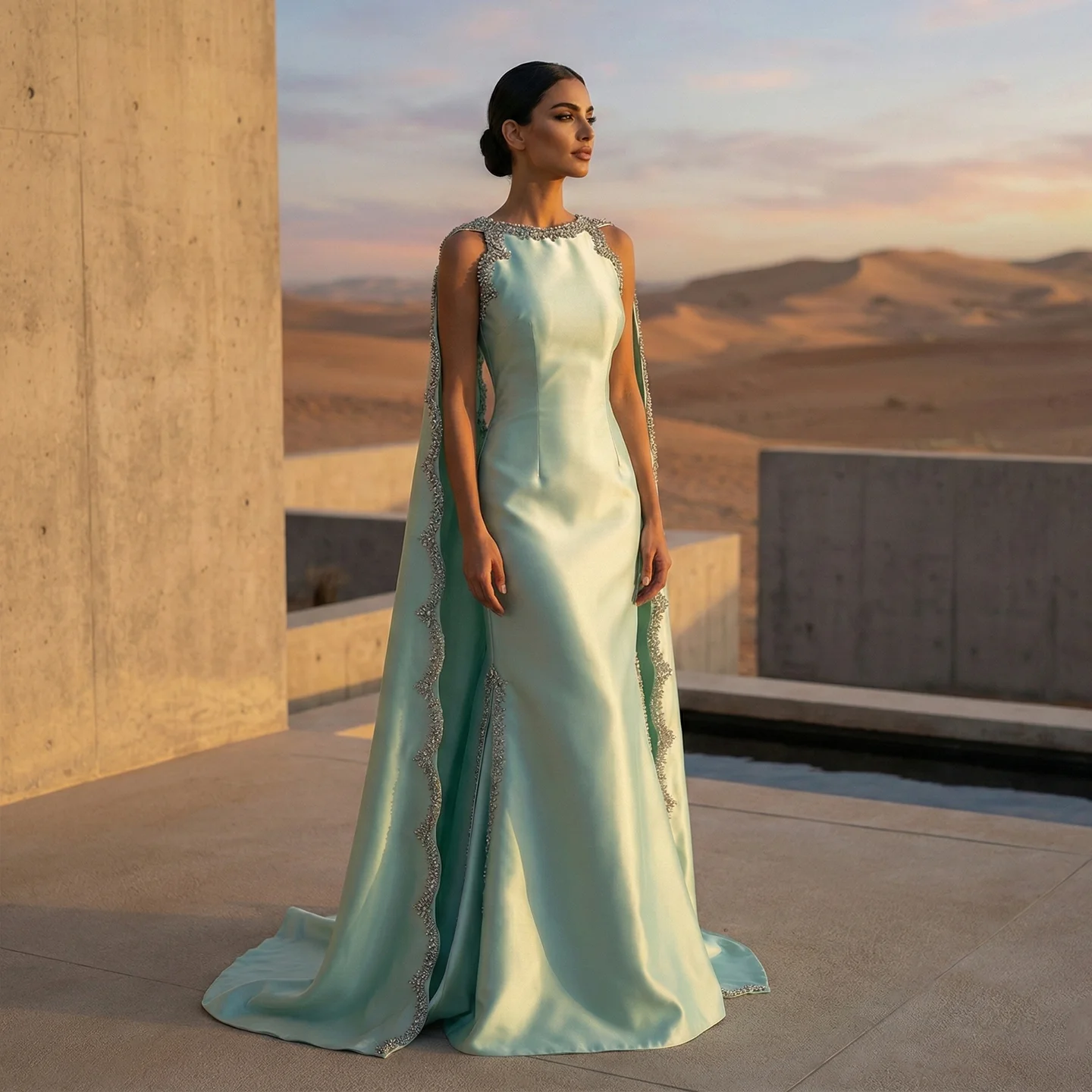 Sharon Said SS503 Elegant Mint Green Arabic Mermaid Evening Dress with Cape  Side Slit Women's Wedding Party Gowns| Alibaba.com