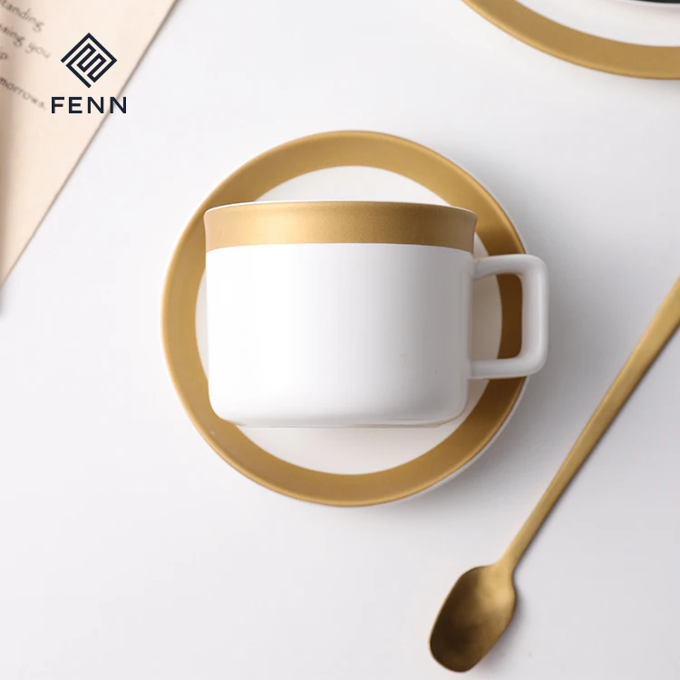 product fenn wholesale high quality luxury matte white ceramic coffee cup and saucer with gold edge customizable for coffee shop-58