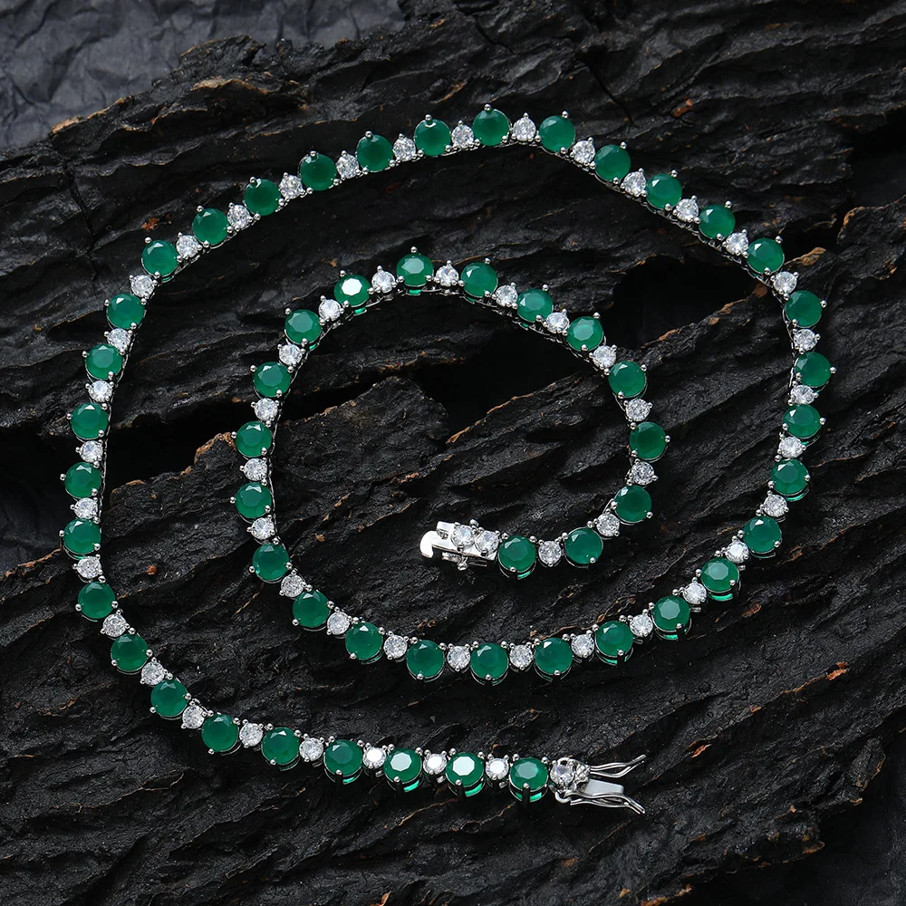 Prong Set 5mm Red Corundum Ruby Round Mix CZ Zircon Chains Bling Cubic Zirconia Diamond Malay Jade Tennis Chain Necklace