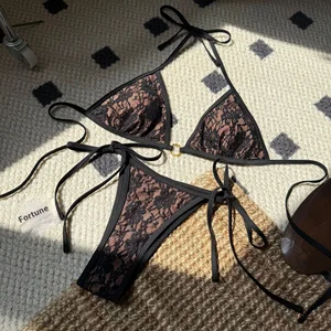 Women Sexy Lace Triangle Bikini Set Halter Neck Tie Strap Three Point Swimsuit Beachwear