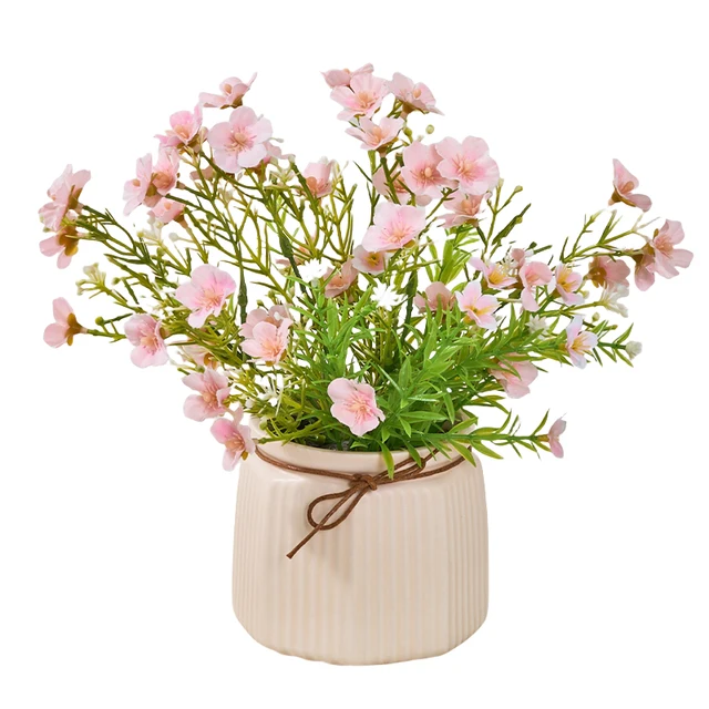 Indoor Decorative Backdrop Colorful Silk Flowers Artificial small pink Flower With Ceramic Pot