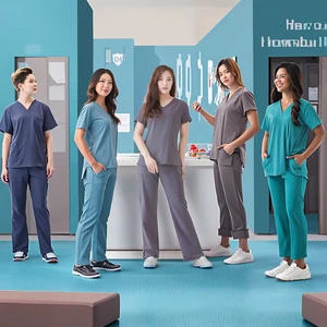 Women's Custom Four-Way Stretchy Woven Fabric Scrub Sets V-Neck Top and Pants Nurse's Hospital Uniforms Polyester/Rayon/Spandex