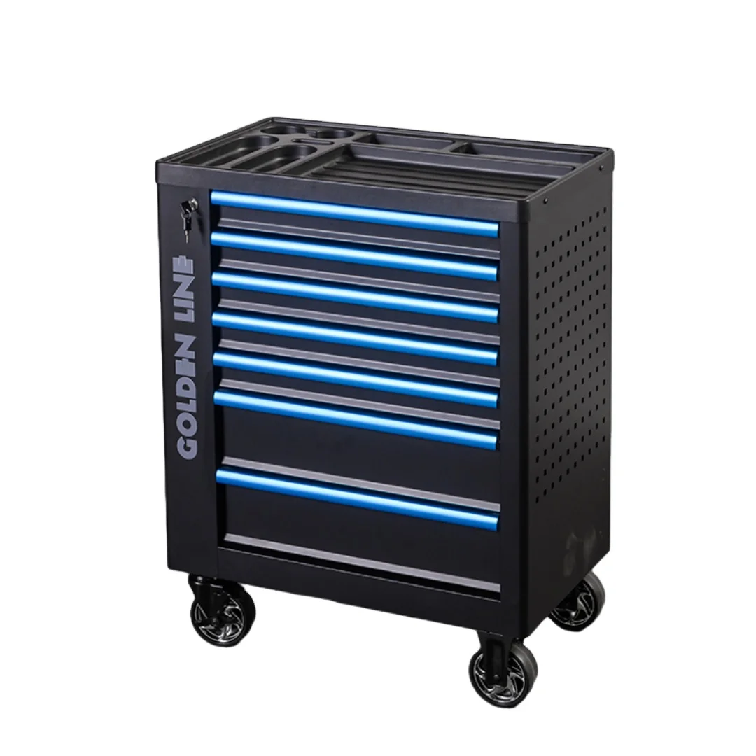 Goldenline 7 Drawers Metal Tool Box Roller Cabinet with Hand Tool Sets Steel Rolling Tool Trolley