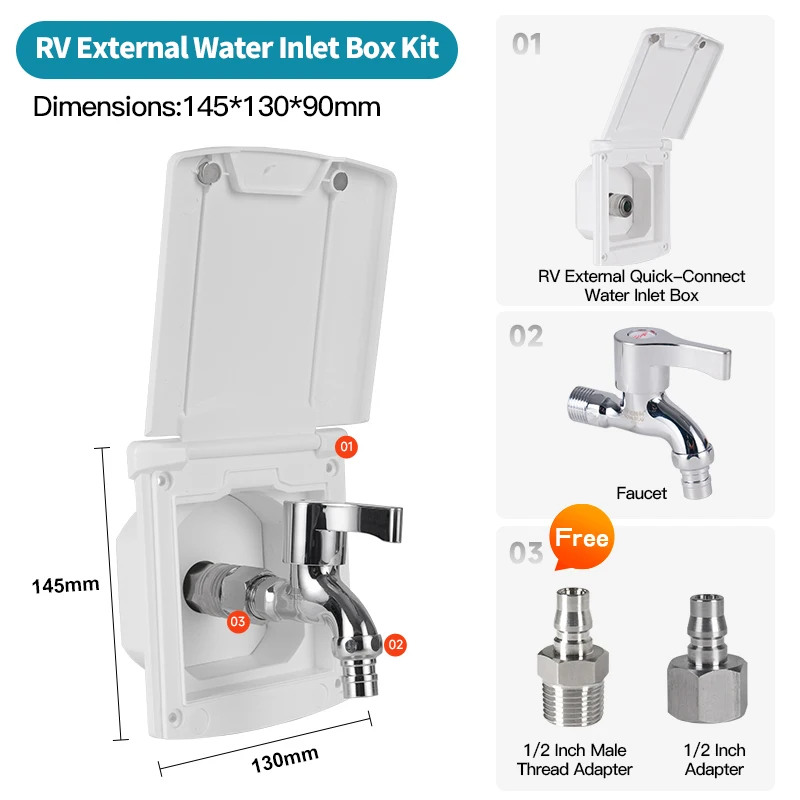 RV External Faucet with Dual-Use Shower Head Outlet and Trailer Quick-Connect Pressure Injection Port