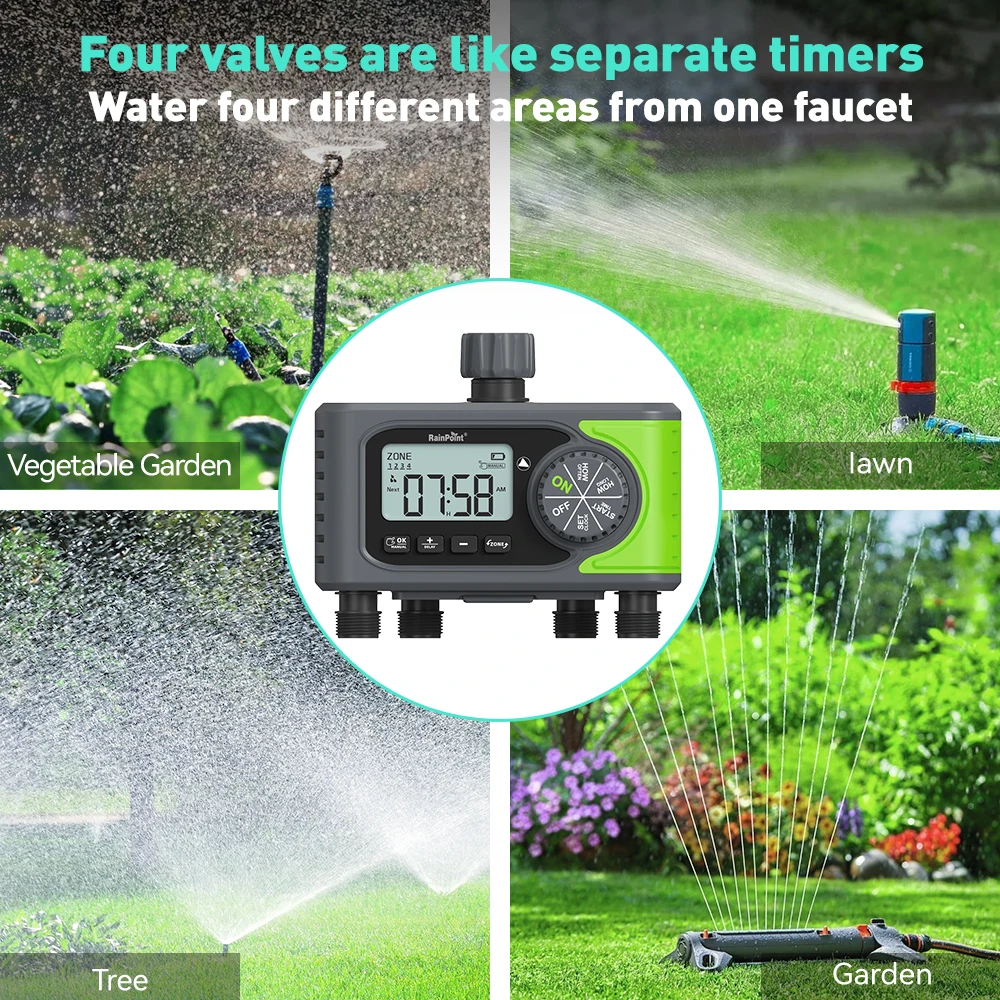 4 Zones Sprinkler Timer Programmable Water Timer 4 Outlet Water Timer for Garden Wateringr with Rain Delay Manual Watering