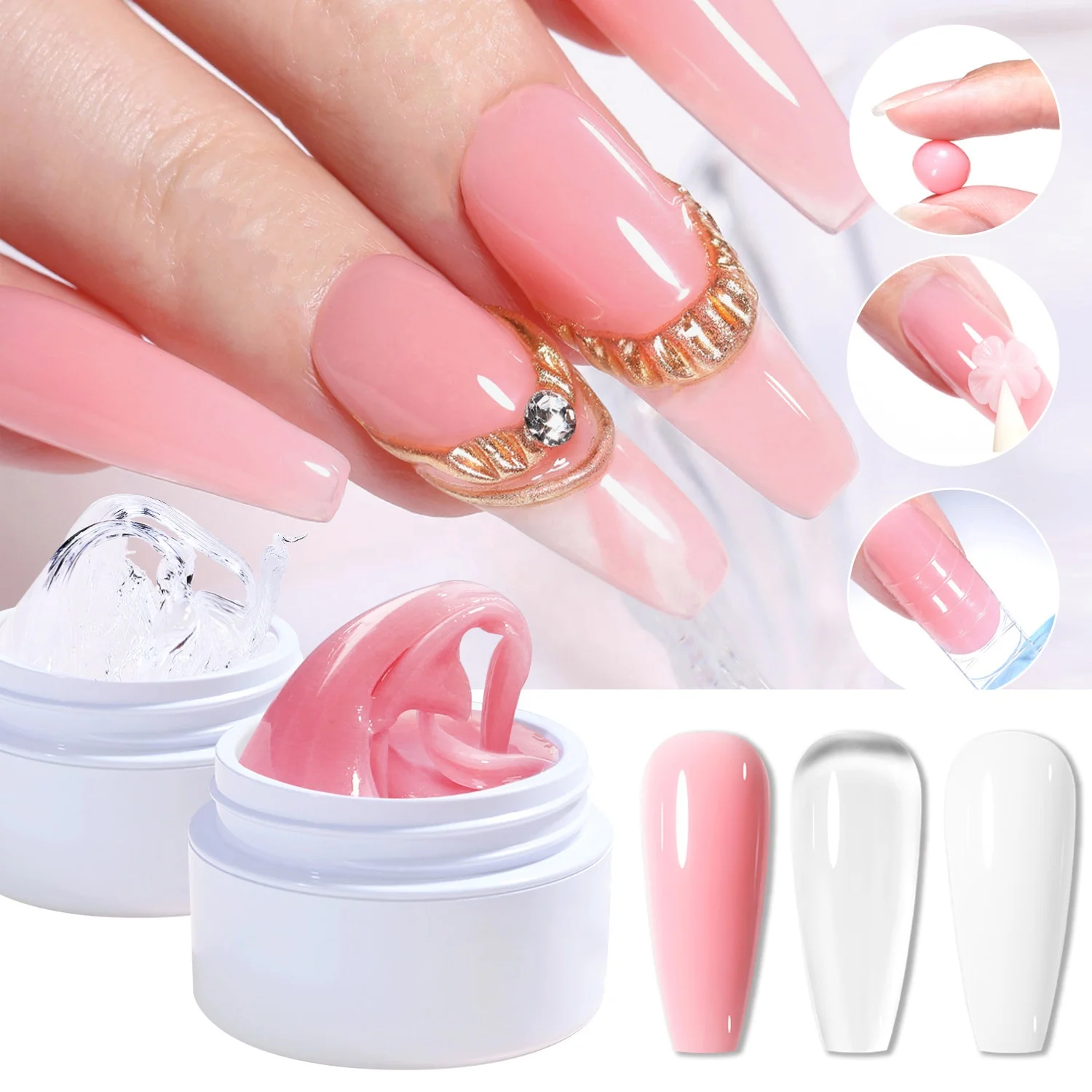15ML Non Stick Hand Solid Extension Nail Gel Clear Nude Pink Extension Gel Rhinestone Private Label Glue Gel Easy to Operate