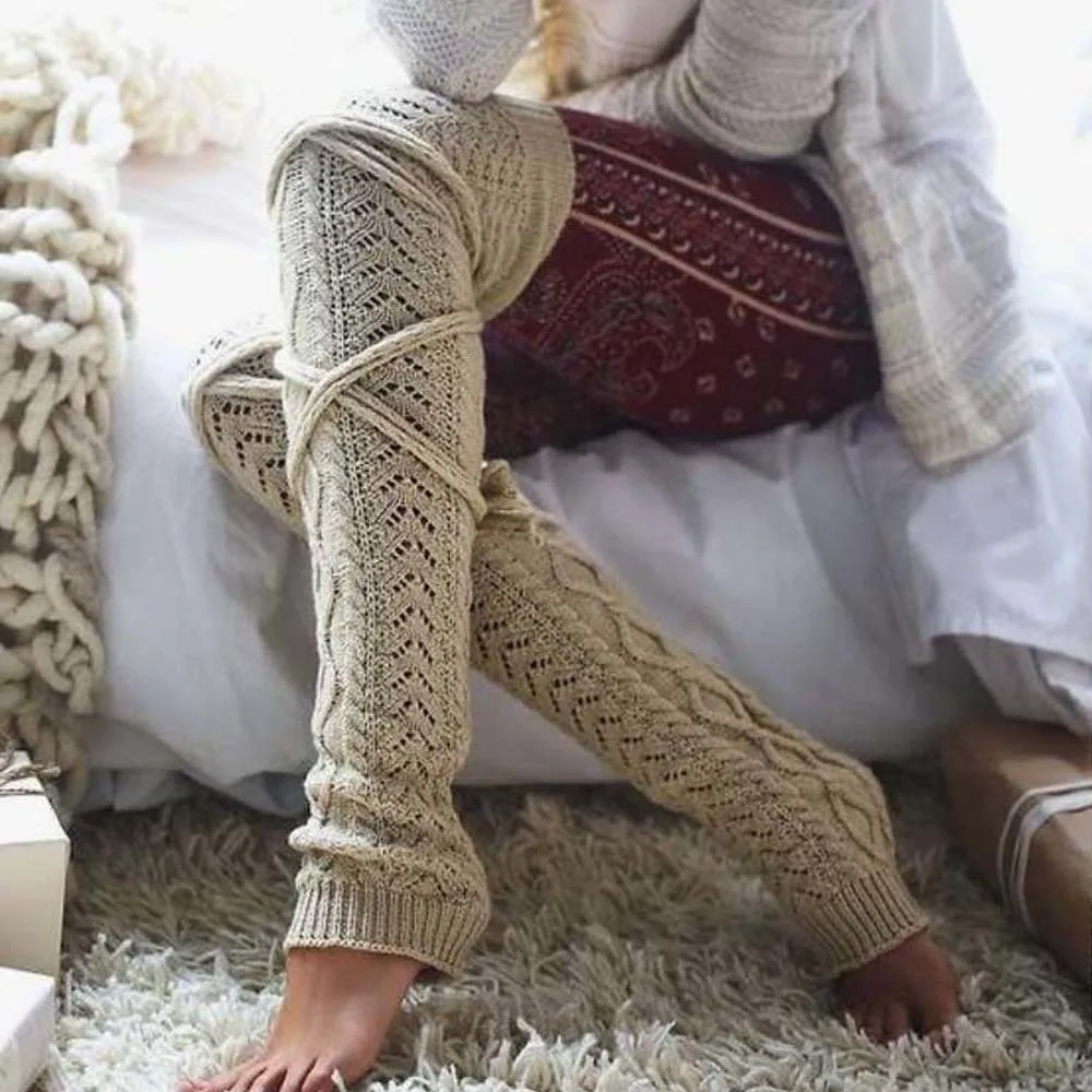 Women Winter Warm Knit Crochet High Knee Leg Warmers Leggings Boot Socks Gift
