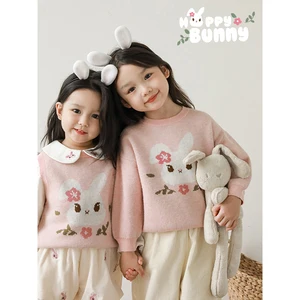 Girls Autumn Winter Suit Children's Cute Embroidered Doll Collar Shirt Embroidered Bunny Sweater Vest Top