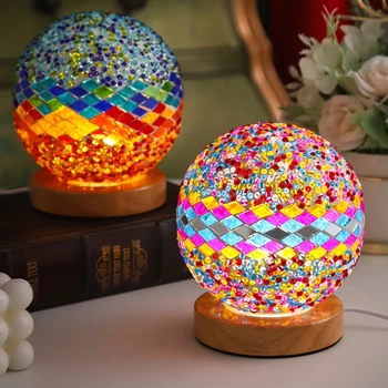 China's New Turkish-Style Desk Lamp LED Night Glass USB Plug-in Wooden Bottom Mosaic Bedside Night for Bedroom Mediterranean