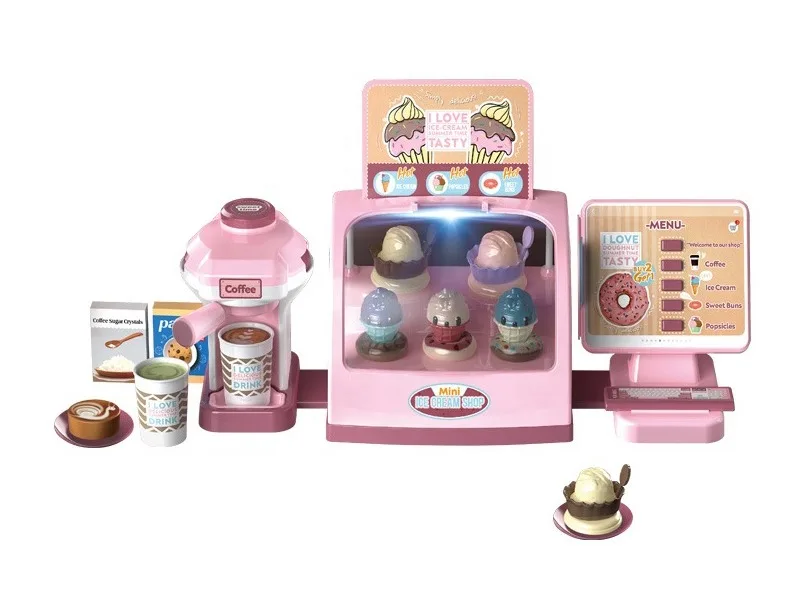 Esaierr Toddler Kids Toys Toy Coffee Machine and Donut Set Mini Ice Cream  Supermarket Boy Girl Play House Toys Dark Blue 41PCS 