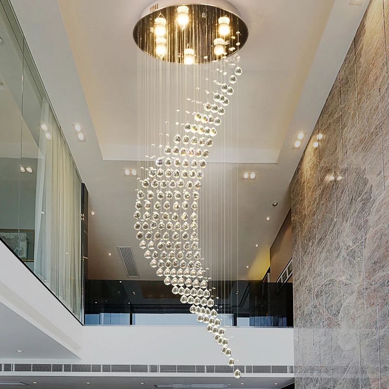 Modern Custom Large Long Staircase Lighting Led Ball Pendant Lamp Raindrop Spiral Crystal Chain Chandelier For Hotel And Home