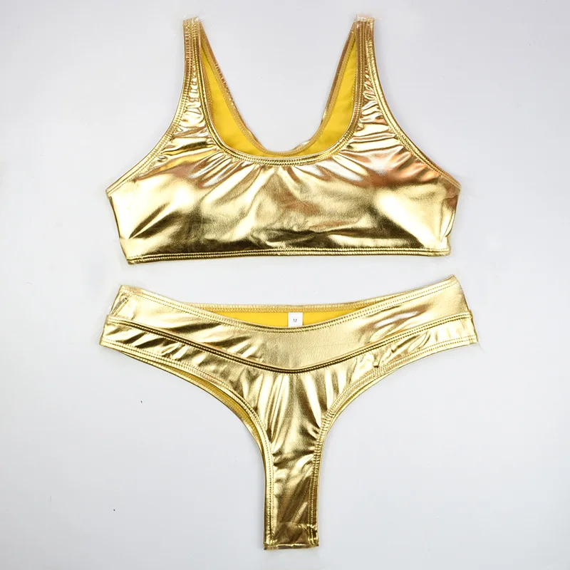 DAMOCHIC 2022 New Metallic Swimwear Solid High Cut Leg Fitness Bronze Color 1 Piece Swimsuit Design Thong Gold Bikini Set Women