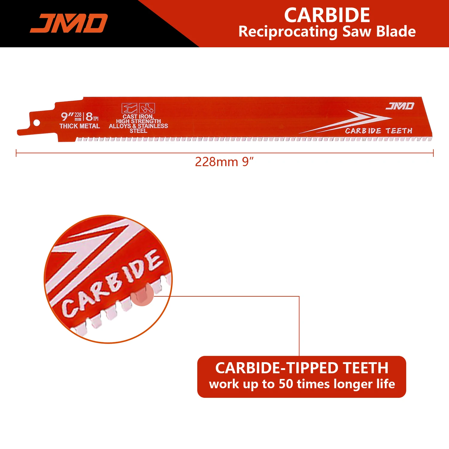 JMD Carbide Reciprocating Saw Blade 9INCH 8TPI HCS Tool Reciprocating Saw Blades Carbide Saw Blade