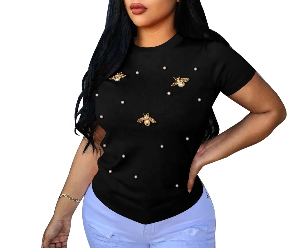 Новинка 2022, модные повседневные топы, женская летняя футболка с коротким рукавом и бусинами, женская простая однотонная дизайнерская футболка