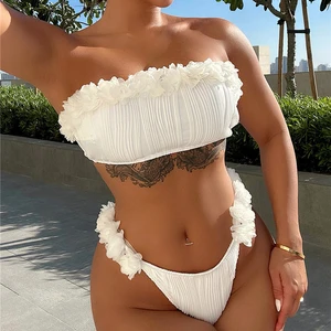 Ruffle Solid Swimsuits Bandeau Beachwear Bandage Underwear Womens Swimwear Bikini Swim Suit Set 2021