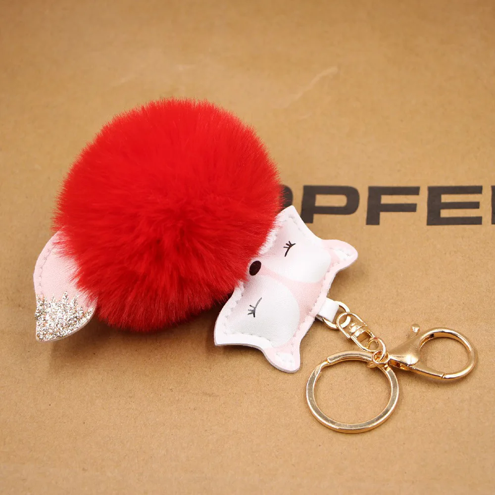 Wholesale Animal Pom Pom Keychain Cute Fluffy Key Rings Fox Head