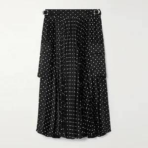 Clothing Manufacturer Custom Spring Autumn Black High Waist Stretch Polka Dot Pleated Women Elegant Midi Wrap Skirt