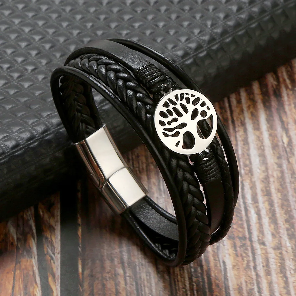 Tree of Life Stainless Steel Sign Bracelet Bangle Leather Briaided Magnet Clasps Friendship for Men Women Bracelet