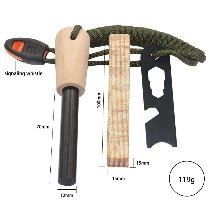 Outdoor Activities All-Weather Wooden Handle Paracord Fatwood Stick Magnesium Ferro Rod Fire Starter