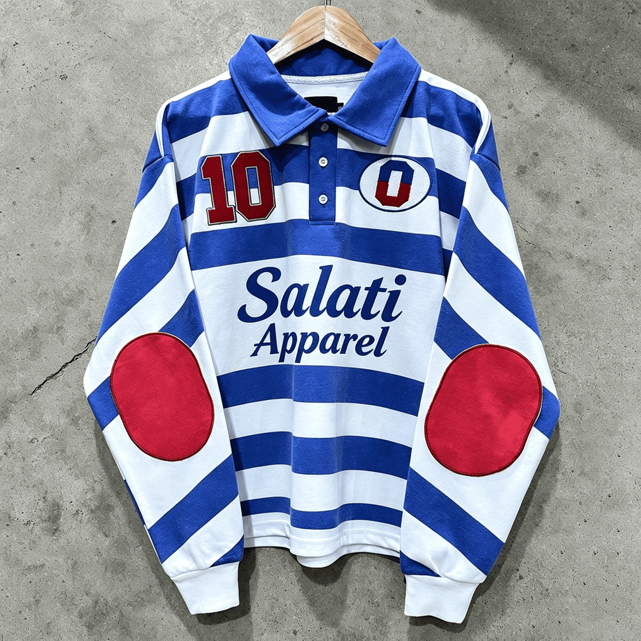 Factory Custom Retro Stripe Long Sleeve Rugby Polo Applique Letter Print Elbow Pad Hip Hop Loose Fit Mens Casual Collar Tee gallery 6
