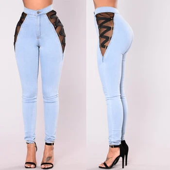 New Style Mesh Lace High Waist Wholesale Stretch Jeggings Jeans /women jeans denim/womens stretch jeans