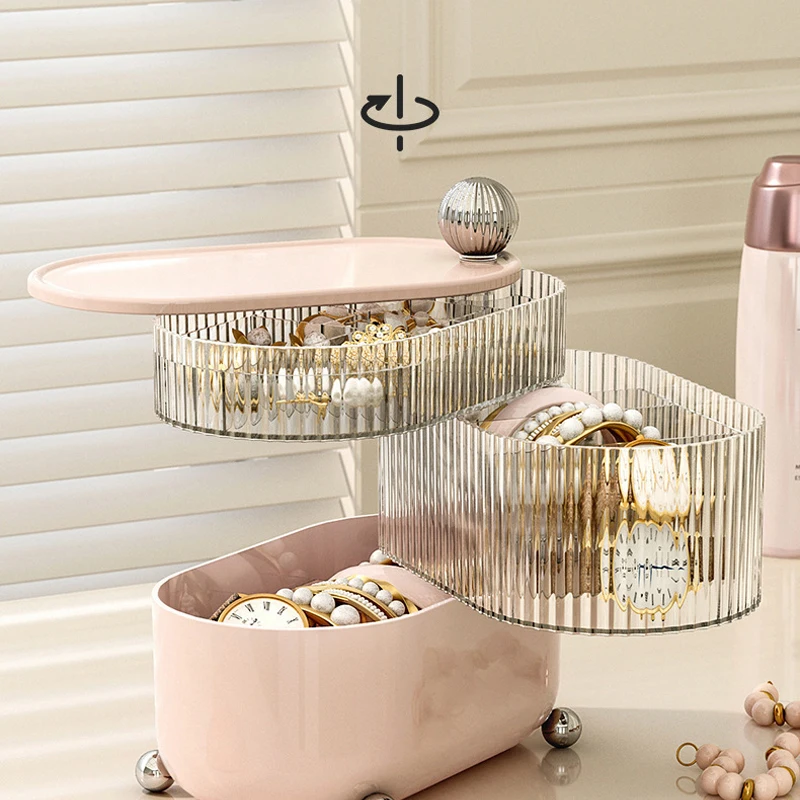 360 Degree Rotating Desktop Dust Prevention Jewelry Ring Box Makeup Organizer Case With Compartment