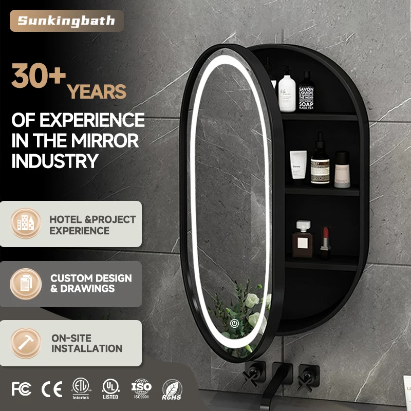 Aluminum Alloy Oval Led Mirror Cabinet Illuminated Lighted Medicine Cabinet Bathroom Durable Bathroom Cabinet with Mirror