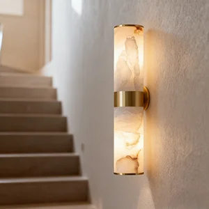JACKSUN Spanish Natural Marble Wall Sconces LED Copper Brass Wall Light Modern Cylinder Wall Lamp Hallway Stairs Warm White