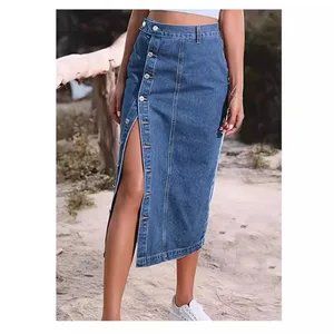 Women's High-Waist Multi-Button Denim Skirt Elegant & Streetwear Style Breathable Design for Summer