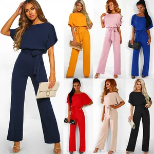 Women Fashion New Summer Short Sleeve Solid Color One Piece O-neck Back Button Long Pants Lady Siamese Trousers Casual Jumpsuit