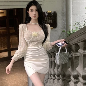 Spring Square Collar Roman Knee-Length Dresses for Women Flare Sleeve Empire Diamonds Lace Dress