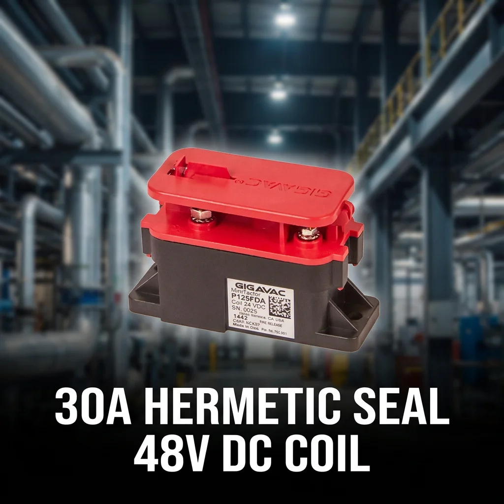 P125FDA สำหรับคอนแทคเตอร์กระแสตรงแบบปิดสนิทของเซนซาตา-จิกาเวค (Sensata-Gigavac DC Contactor Hermetic) ขดลวด 45 mA, 48 V, 1 เฟส ติดตั้งบนชัซซี ใช้ในยานพาหนะไฟฟ้า (EV) และระบบเก็บพลังงาน ขายส่ง จัดส่งรวดเร็ว