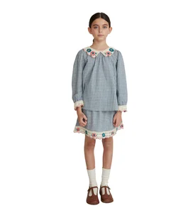 New Fashion High Quality ODM Kids Girls Clothing Sets Cotton Plaid Long Sleeve Handmade Embroidery Matching Clothes Children