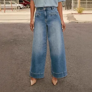 2026 Spring New Arrival Women's High-Waist Denim Straight Jeans Slimming Wide-Legged Nylon/Cotton Medium Wash Quick Dry Retro