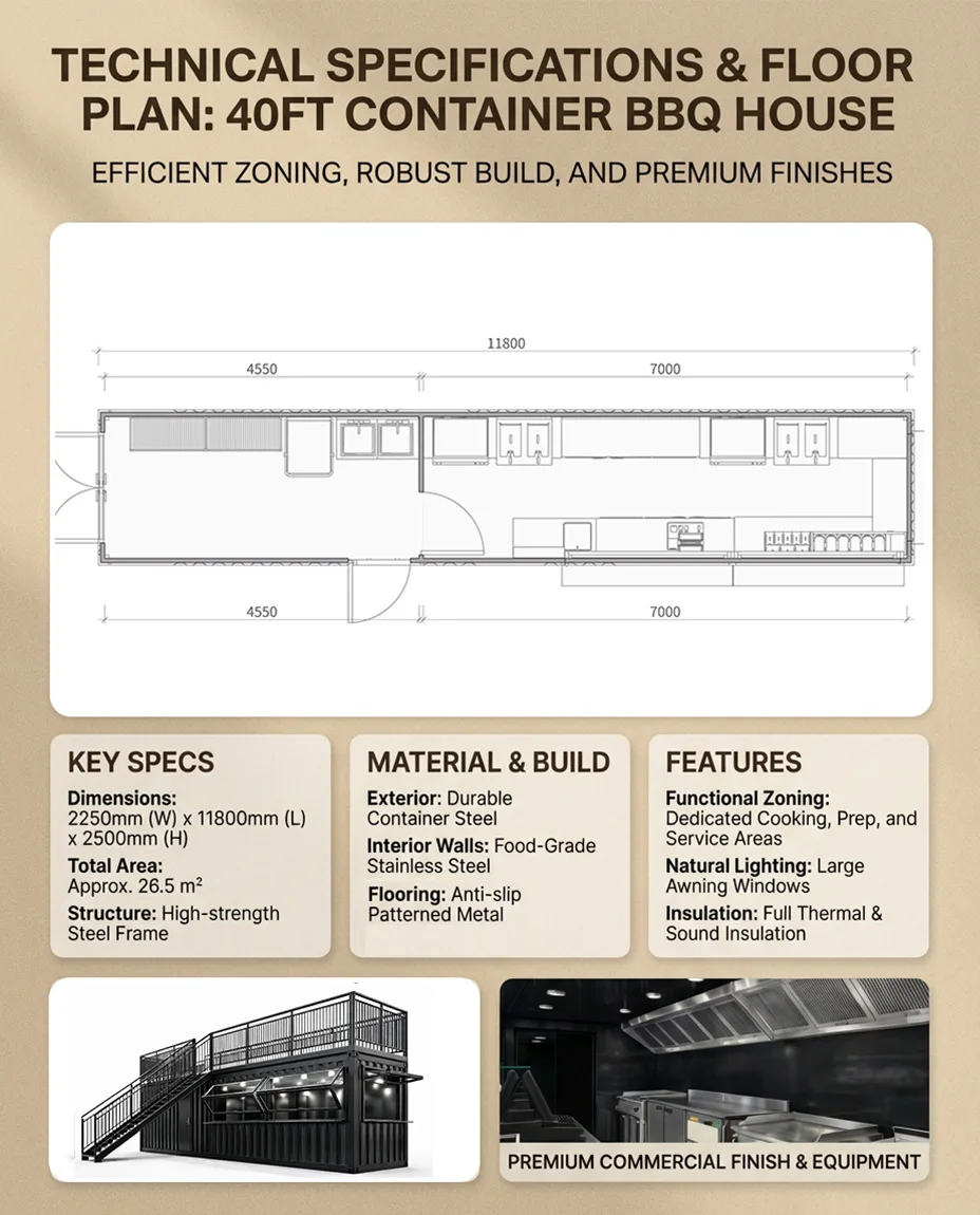 product durable steel structure commercial 40ft fully equipped  functional shipping container bbq restaurant with rooftop deck-2