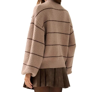 Custom High Quality Spring Autumn  Women's Knit Sweater Mock Neck Striped Pattern Office Casual Looks Daily Elegant Style