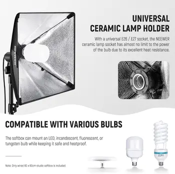 NEEWER 24x24in/60x60cm Softbox With E26 Porcelain Socket/UL Certified Power Cord/White Diffuser/Stand Adapter, Durable Nylon detail image