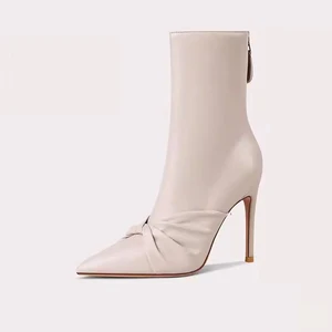 Gorgeous Apricot Microfiber Upper Ankle Boots With Trendy Twist Detail and Stiletto Heel Featuring a Back Zipper