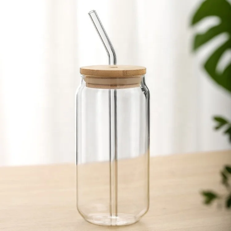 Beer Can Glass with Lids and Straw, Bamboo Top Cover, 20 oz