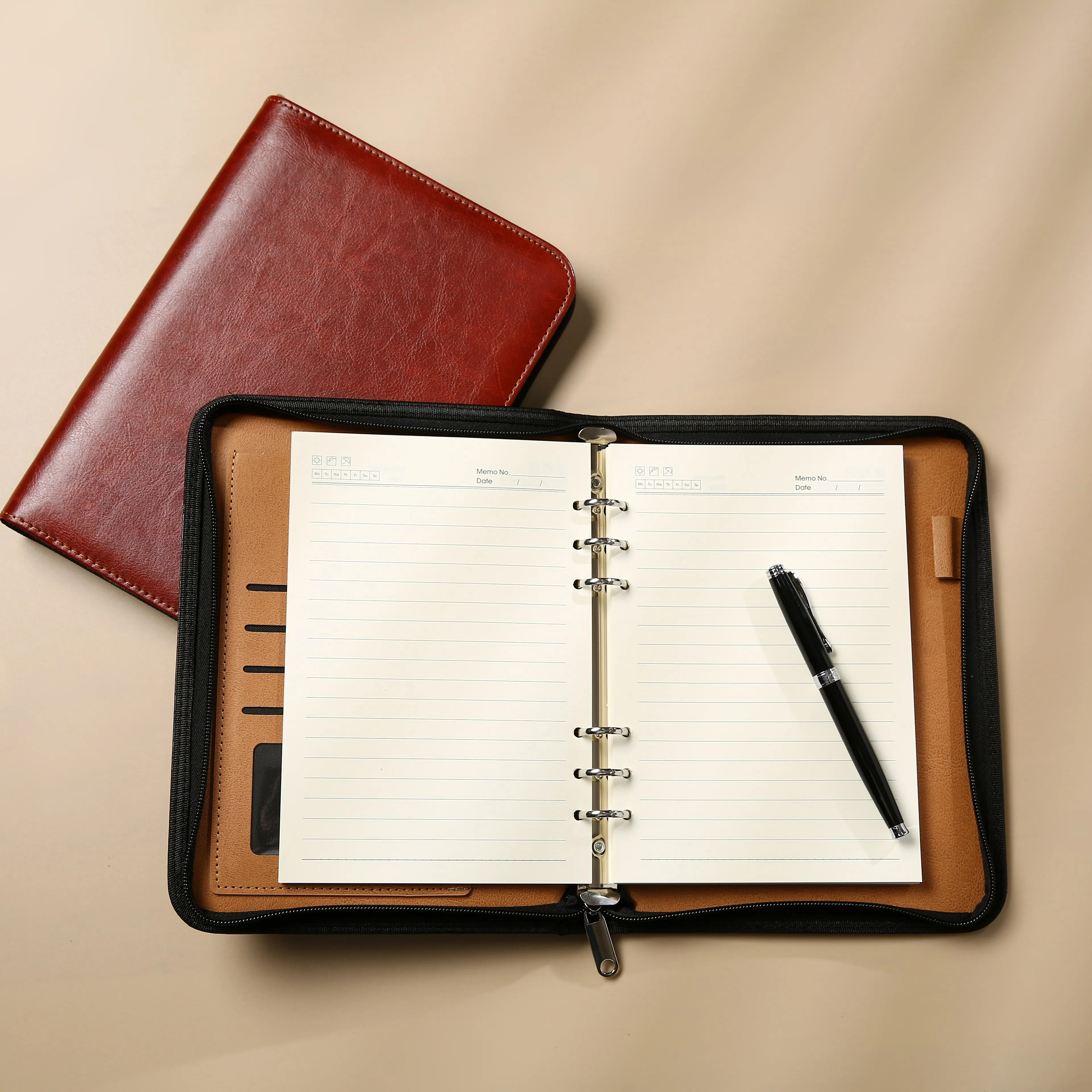 product zippered notebook pu leather  6 ring binder with card slots for business office meeting executive work planner organizer-7