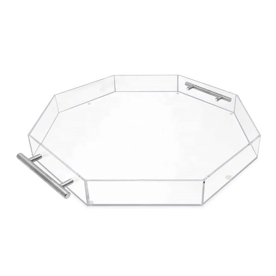 Modern Octagon Acrylic Serving Tray with Silver Handles Eco-Friendly Paper Material Engraved Logo for Home Food Serving