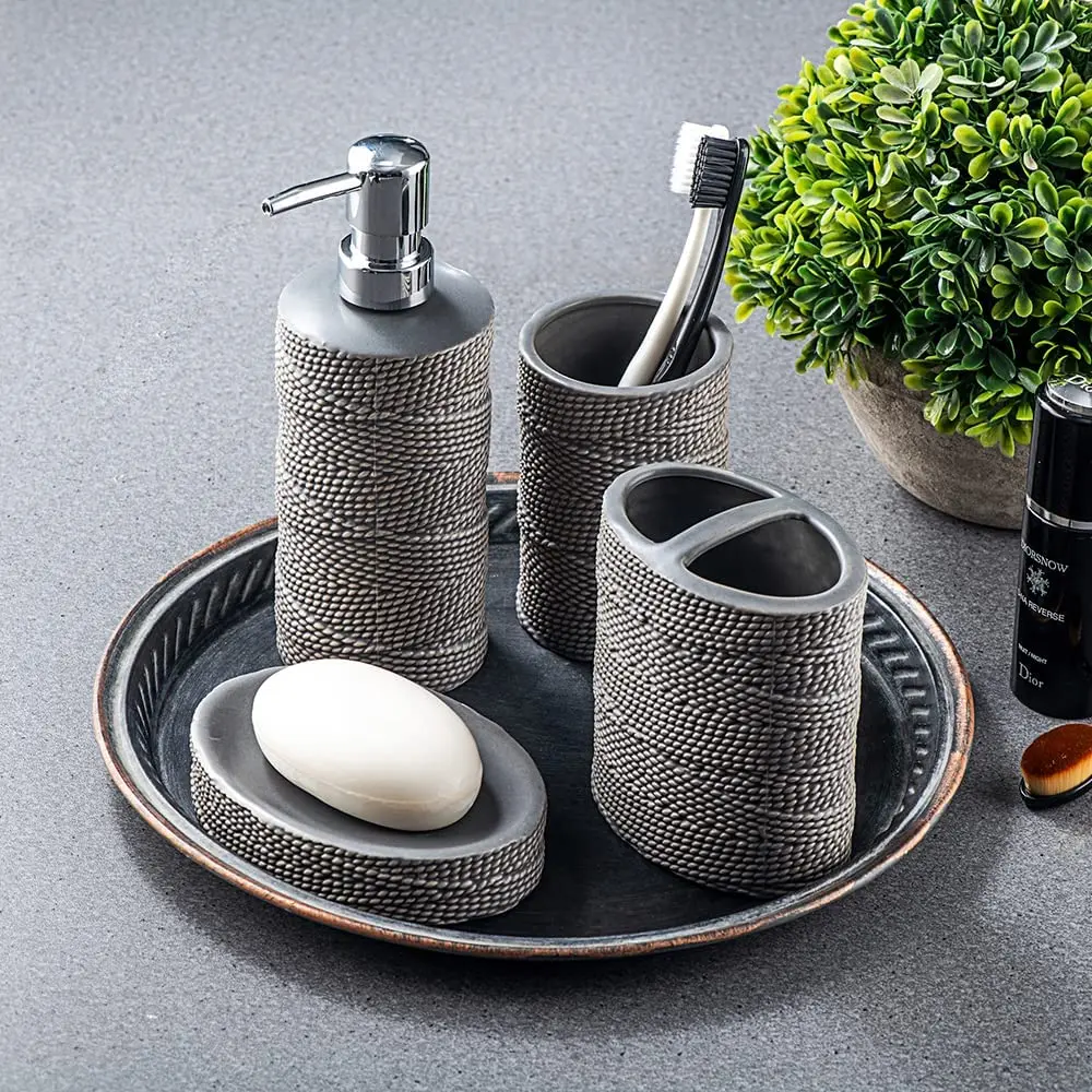 Ceramic Bathroom Decor Set Accessories 4 Pieces Grey Embossed Porcelain Bath Accessories Sets