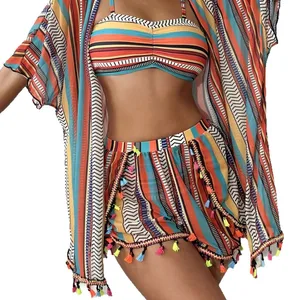 Trendy 4-Piece Women's Bikini Set Sexy Halter Neck Printed Swimwear with Cover Mini Skirt Beachwear Outfit