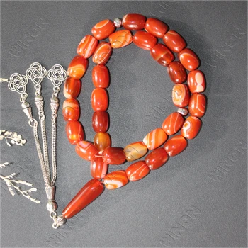 Natural Agate 10*14mm Barrel Muslim Prayer Beads Cats Red Color With Sliver Accessories Rosary Islamic Tasbih Tasbeeh Misbaha