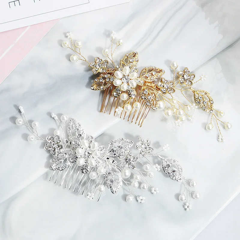 Luxury Bridal Wedding Jewelry Crystal Rhinestone Pearl Flower Hair Comb Clip 