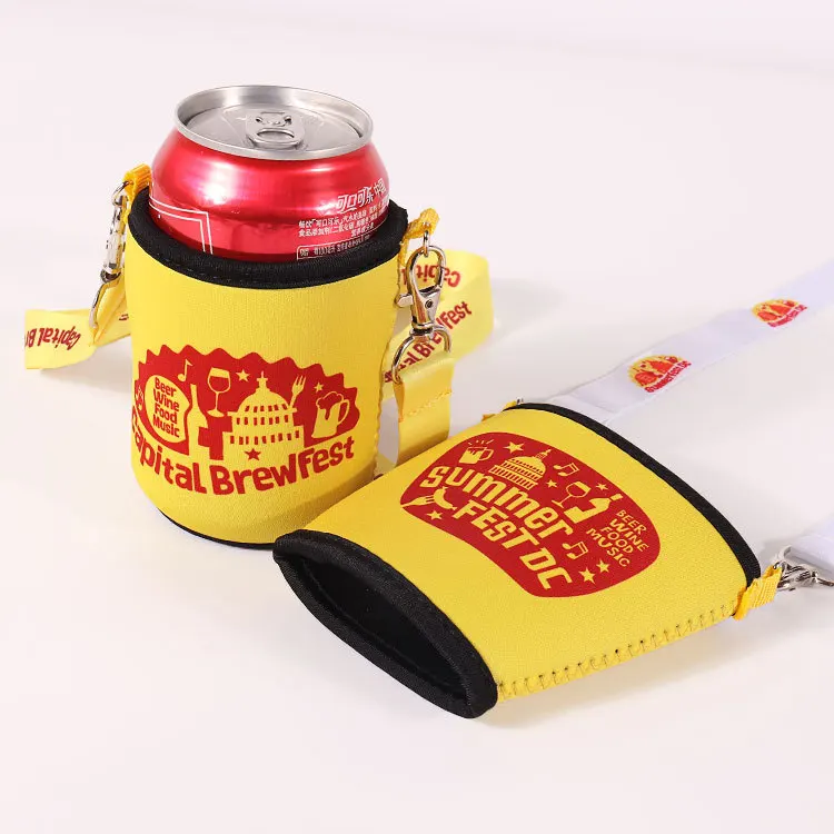 Popular sublimation can cooler bottle neoprene cover for promotion gifts custom neoprene sleeve with fashion lanyard cup holder